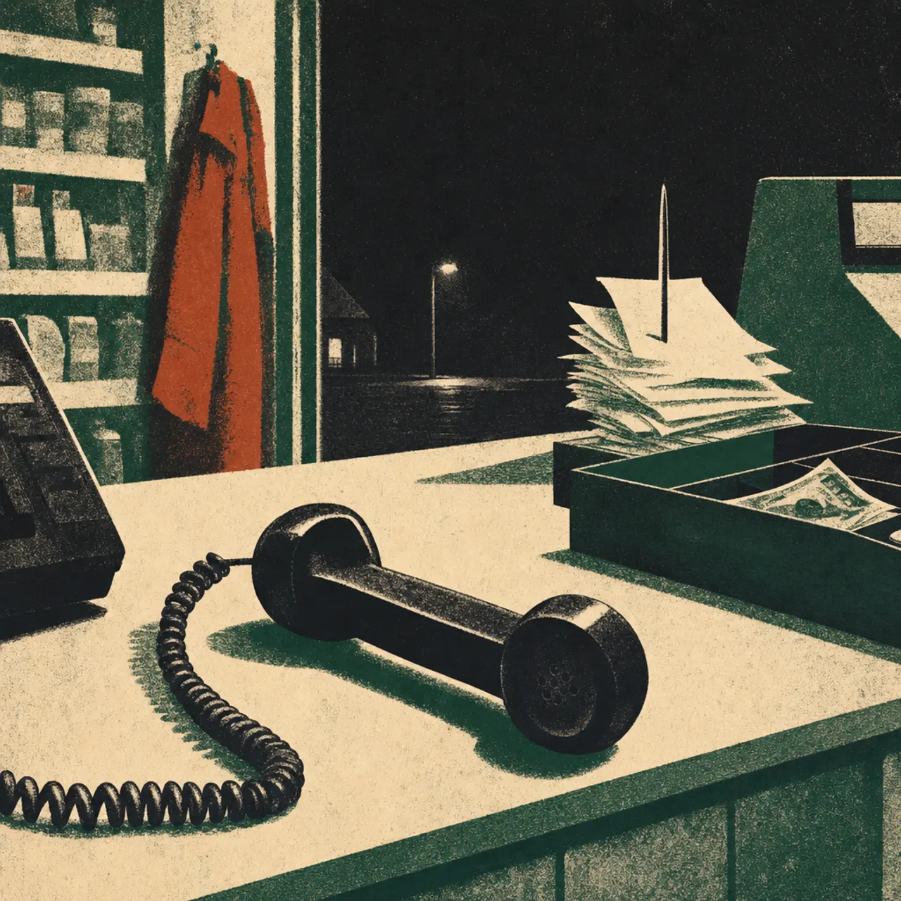 A telephone handset off the hook on a shop counter after hours