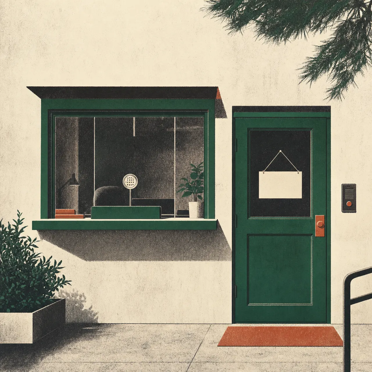 A modest storefront entrance with a reception window