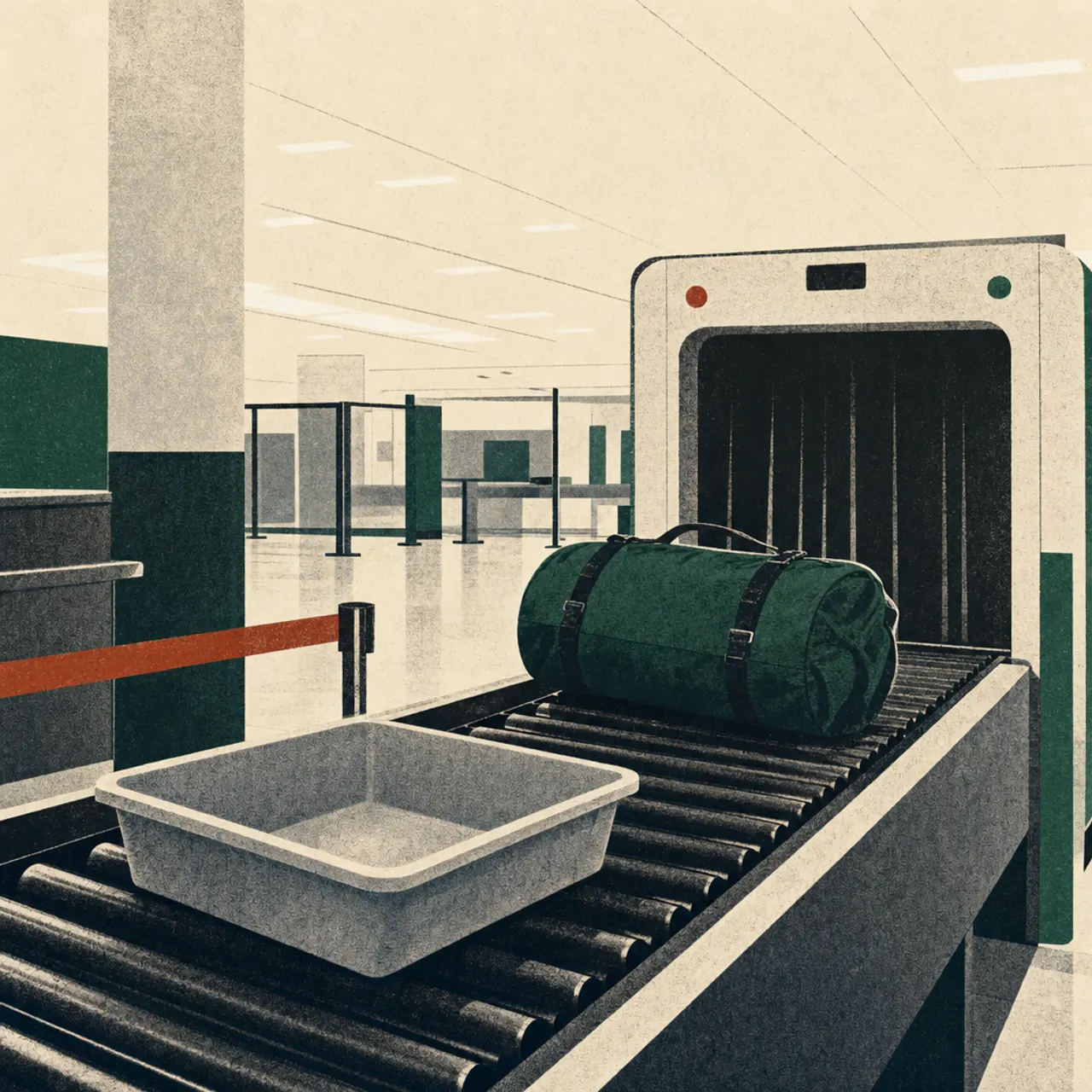 An empty security tray and duffel bag on an airport conveyor