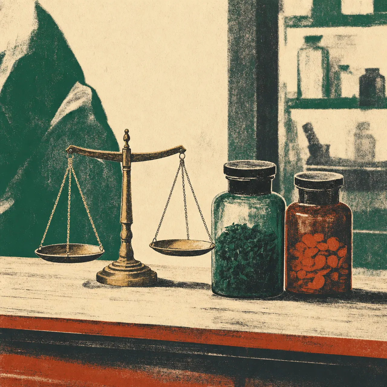 A brass balance scale and sealed jars on a wooden counter