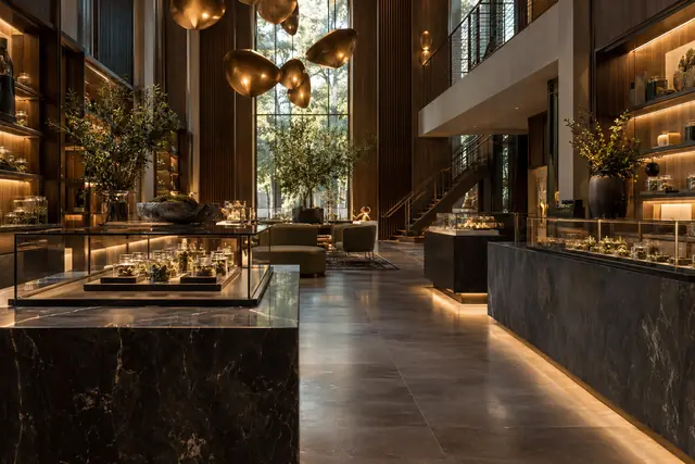 Refined boutique interior with walnut, brass and stone finishes