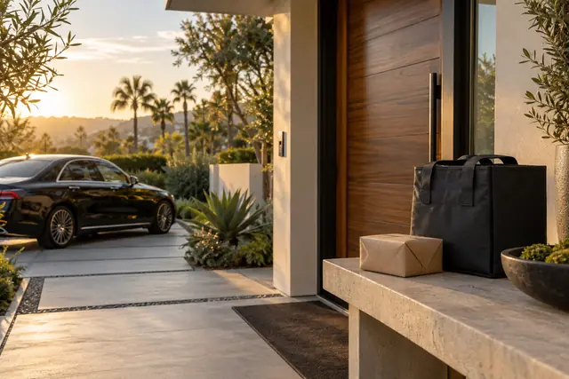 Discreet delivery parcel at a refined stone entryway