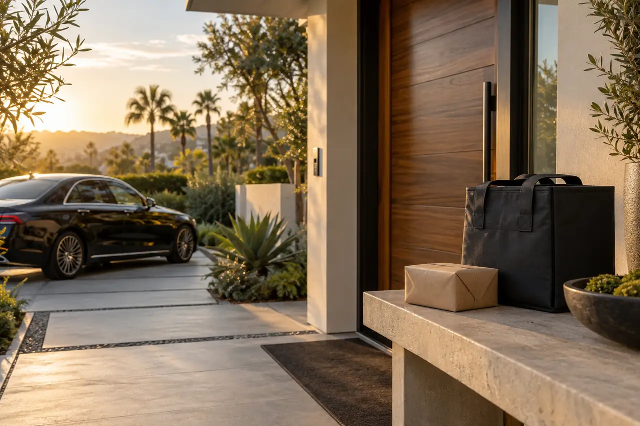 A charcoal delivery tote at the entrance to a modern residence