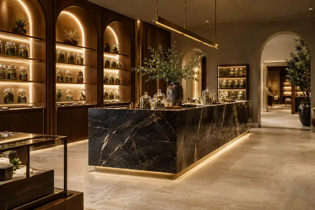 Warm display arches and a dark marble boutique counter