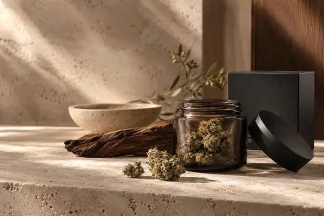 Cannabis flower and a smoky glass jar on ivory travertine