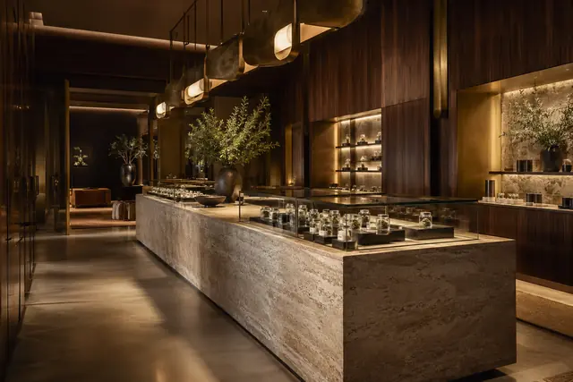 Travertine displays in a walnut boutique