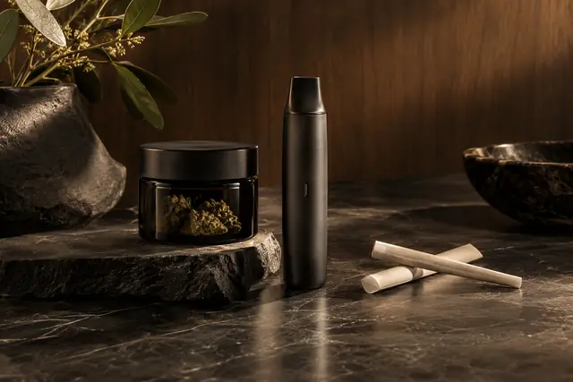 Charcoal vaporizer and plain botanical packaging on dark stone