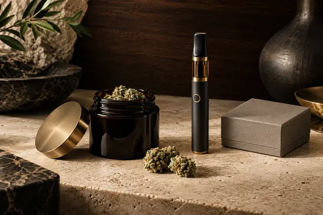Cannabis flower and a vape device arranged on limestone