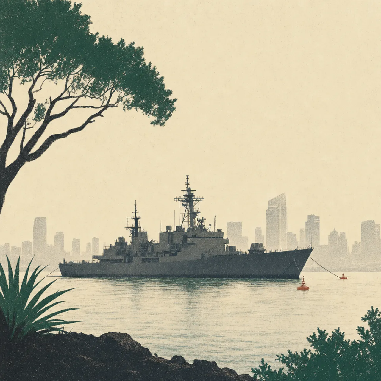 A navy ship at anchor in San Diego bay with the skyline behind